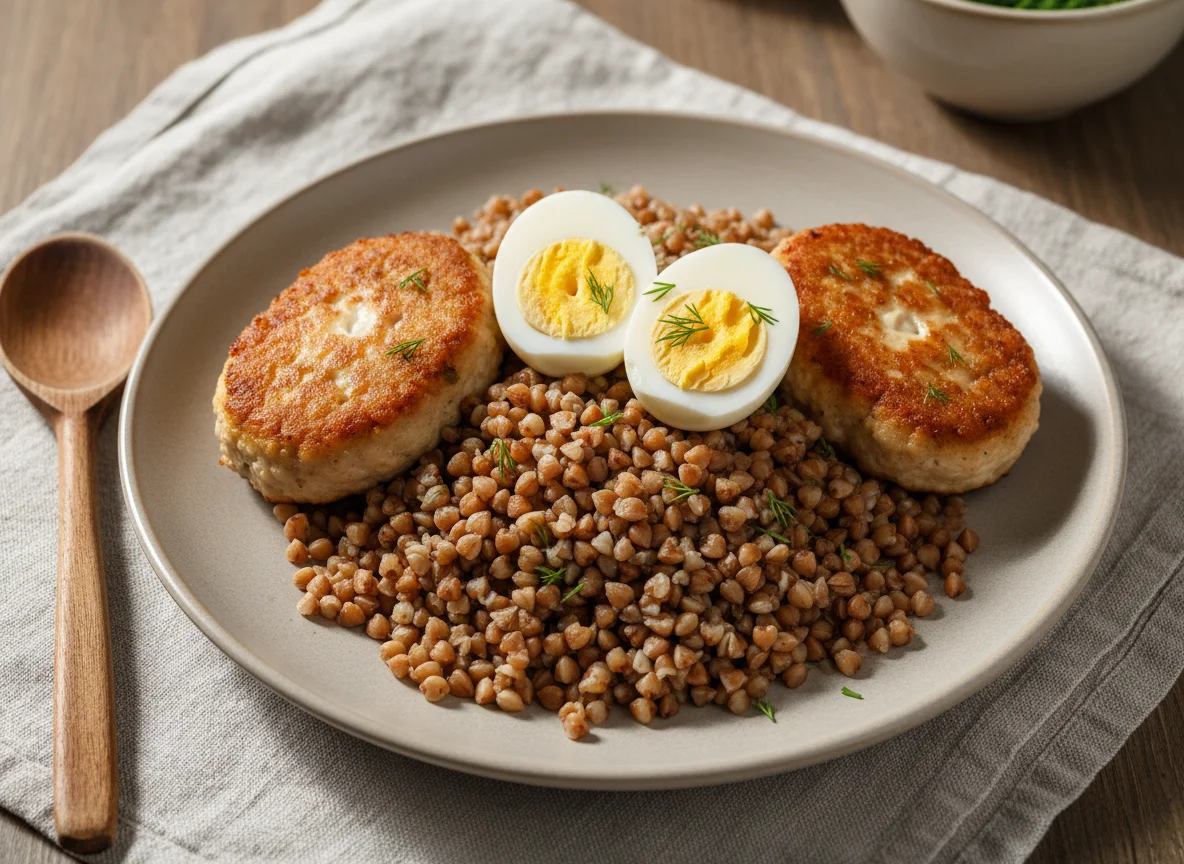 Гречка с котлетами и яйцами photo