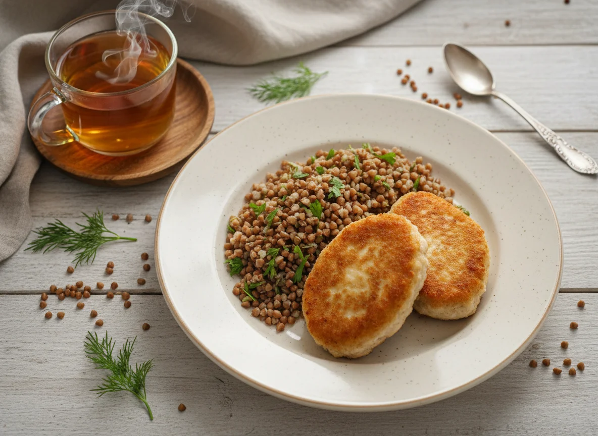 Гречка с котлетами и чай с молоком photo