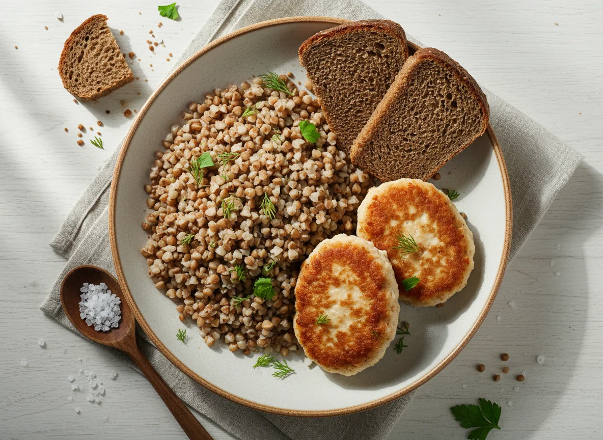 Гречка с котлетами и хлебом photo