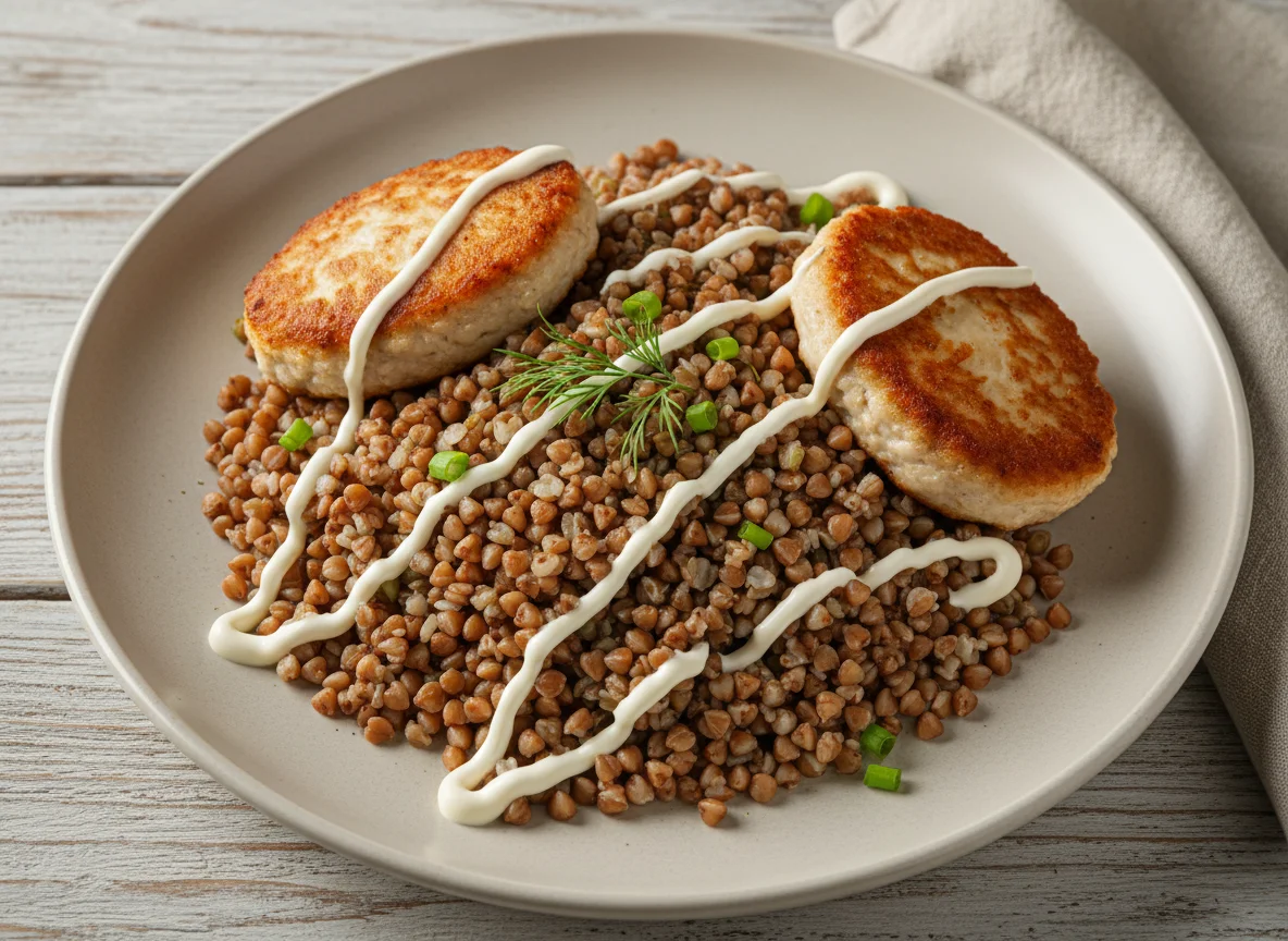 Гречка с котлетами и майонезом photo