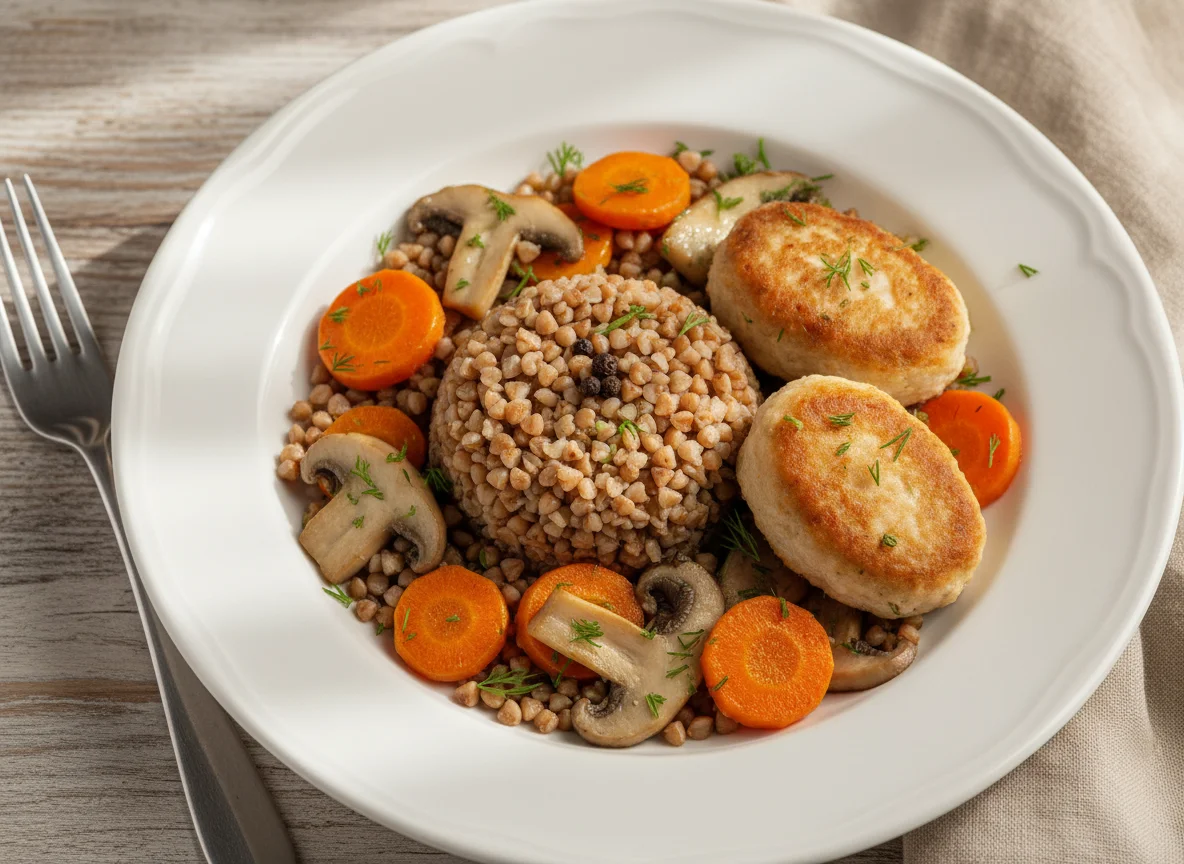 Гречка с котлетами и овощами photo