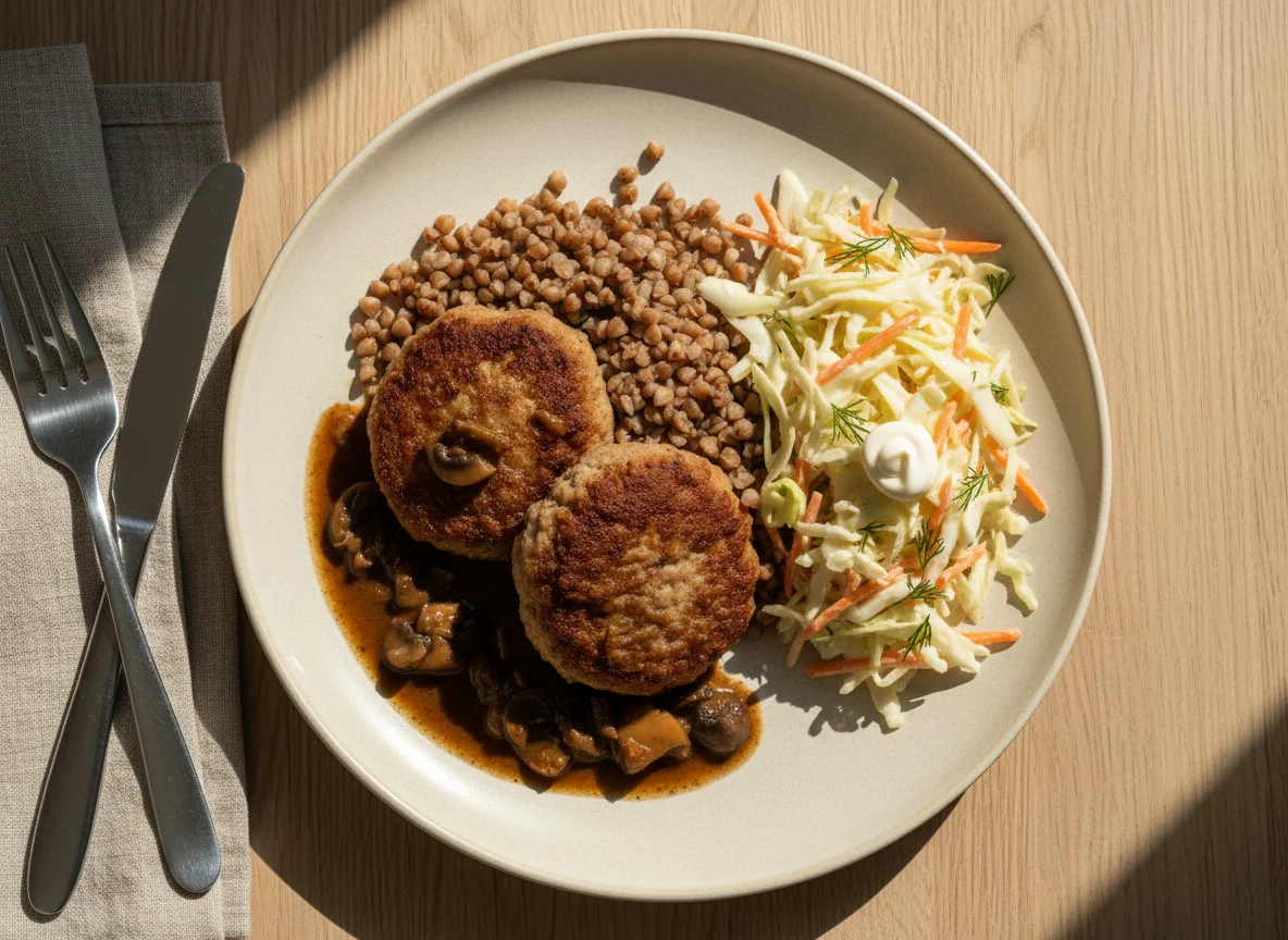 Гречка с котлетами и овощной салат photo