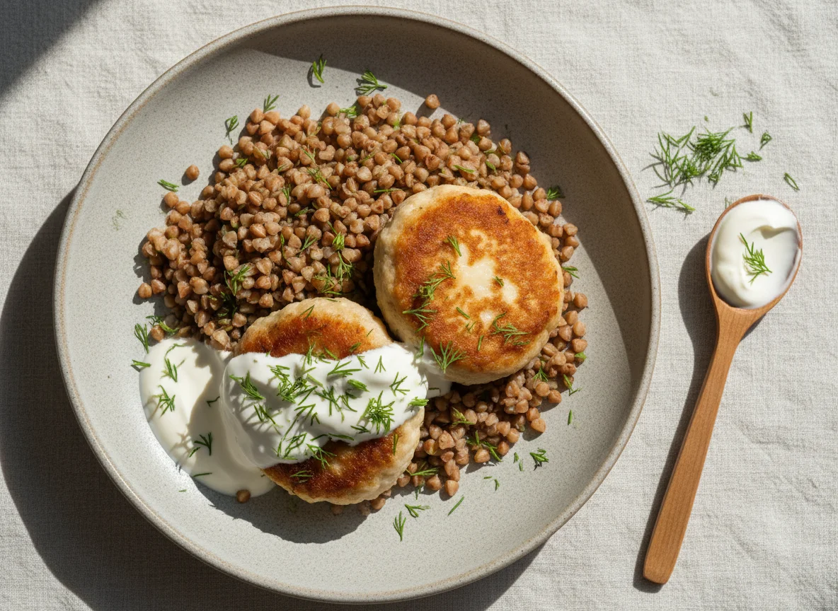 Гречка с котлетами и сметанным соусом photo