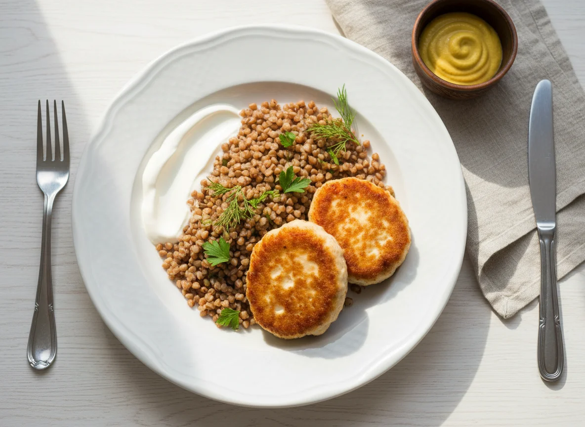 Гречка с котлетами и соусами photo