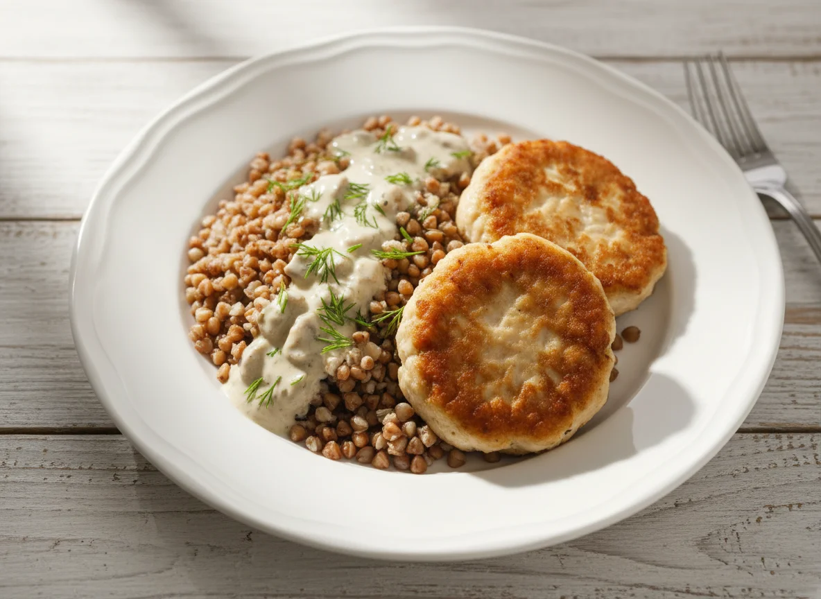 Гречка с котлетами и соусом photo