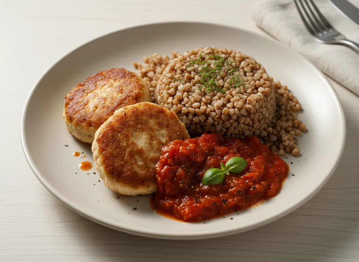 Гречка с котлетами и томатным соусом photo