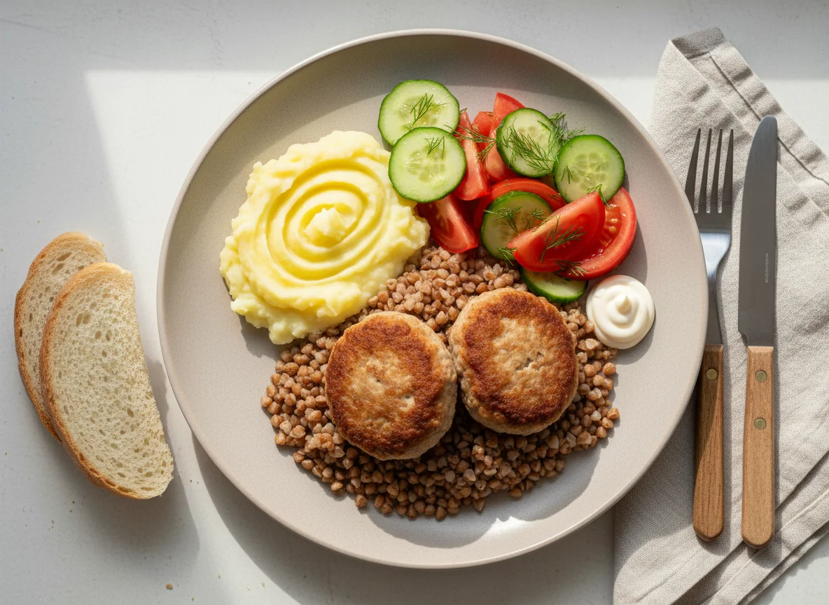 Гречка с котлетами, картофельное пюре и овощной салат photo