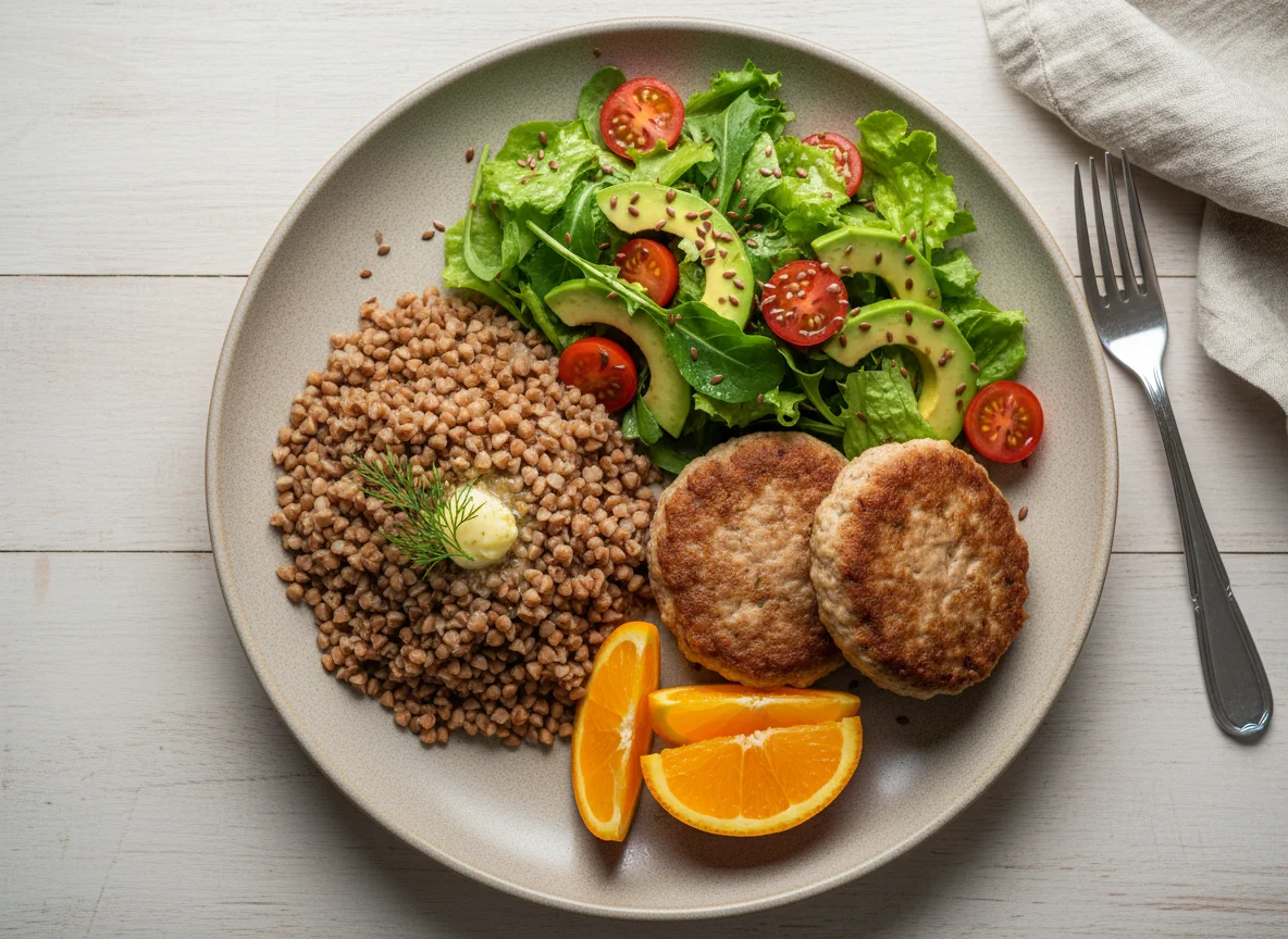 Гречка с котлетами, овощным салатом и апельсинами photo