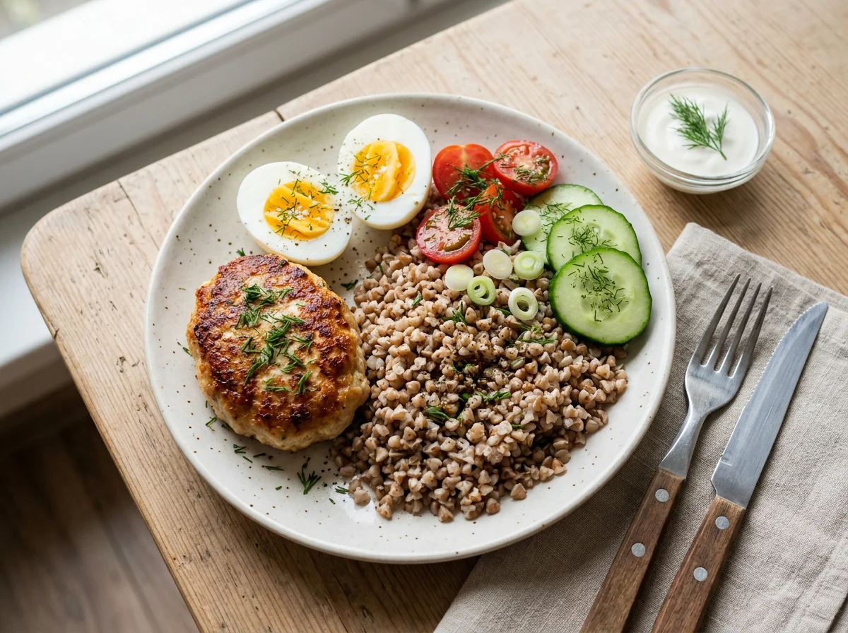 Гречка с котлетой, яйцами и овощами photo