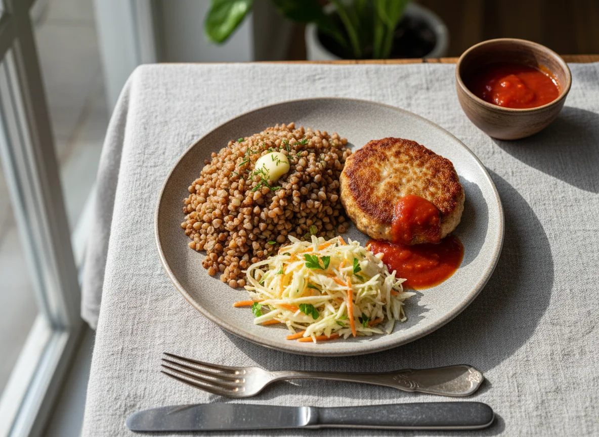 Гречка с котлетой и капустным салатом photo