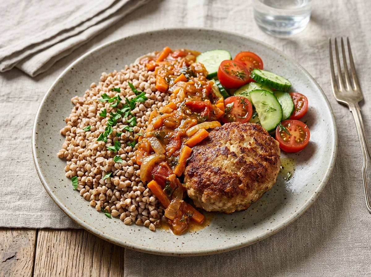 Гречка с котлетой и овощами photo