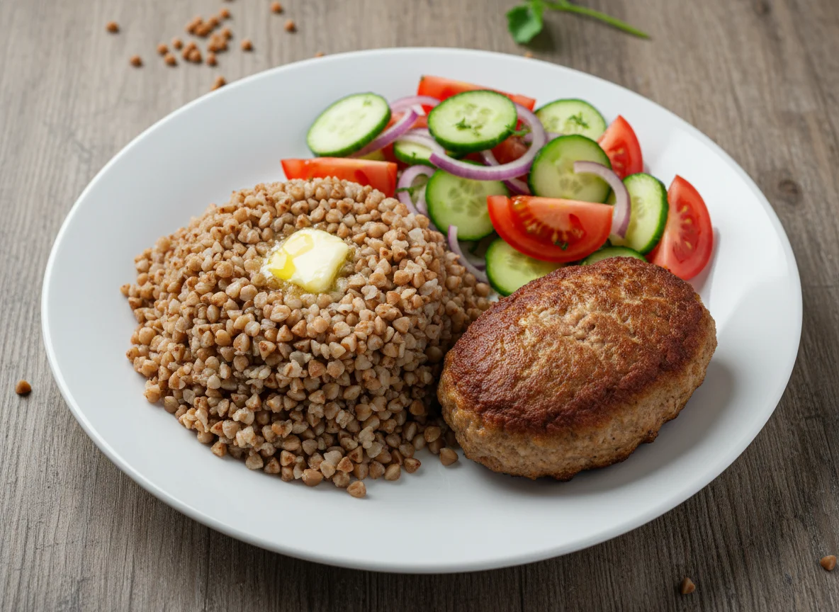 Гречка с котлетой и овощной салат photo