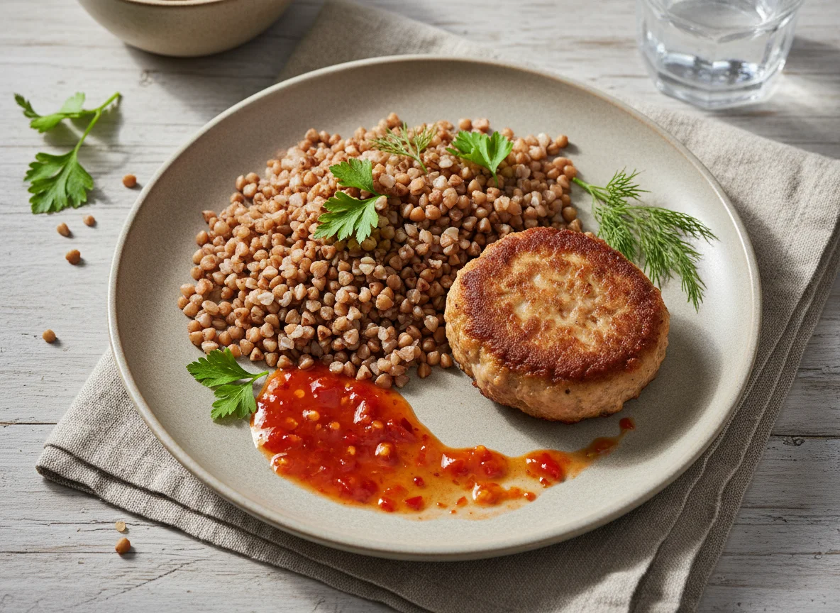 Гречка с котлетой и соусом photo