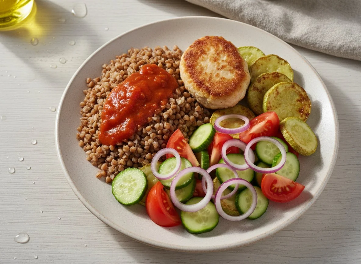 Гречка с котлетой, кабачками и овощным салатом photo