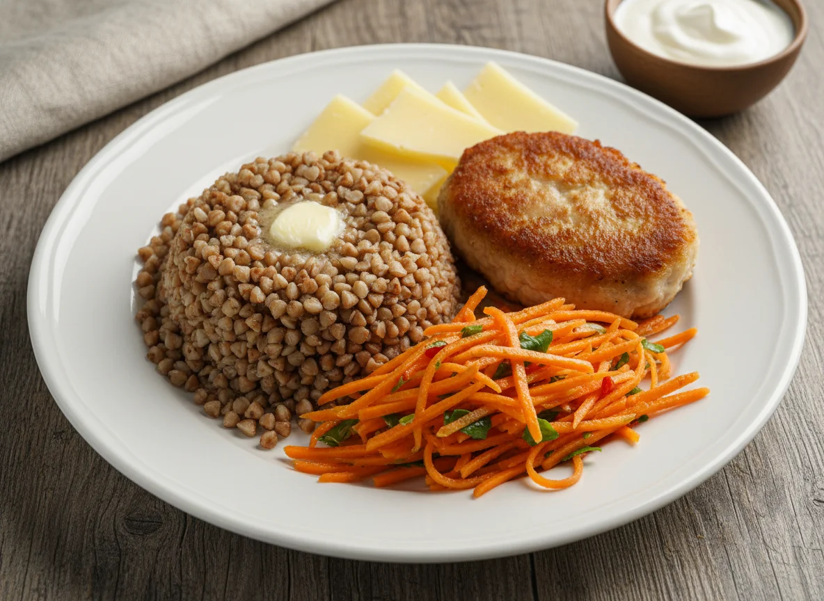 Гречка с котлетой, морковным салатом и сыром photo