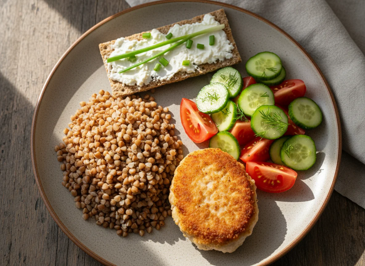 Гречка с котлетой, салат из огурцов и помидоров, хлебец с творожным сыром photo