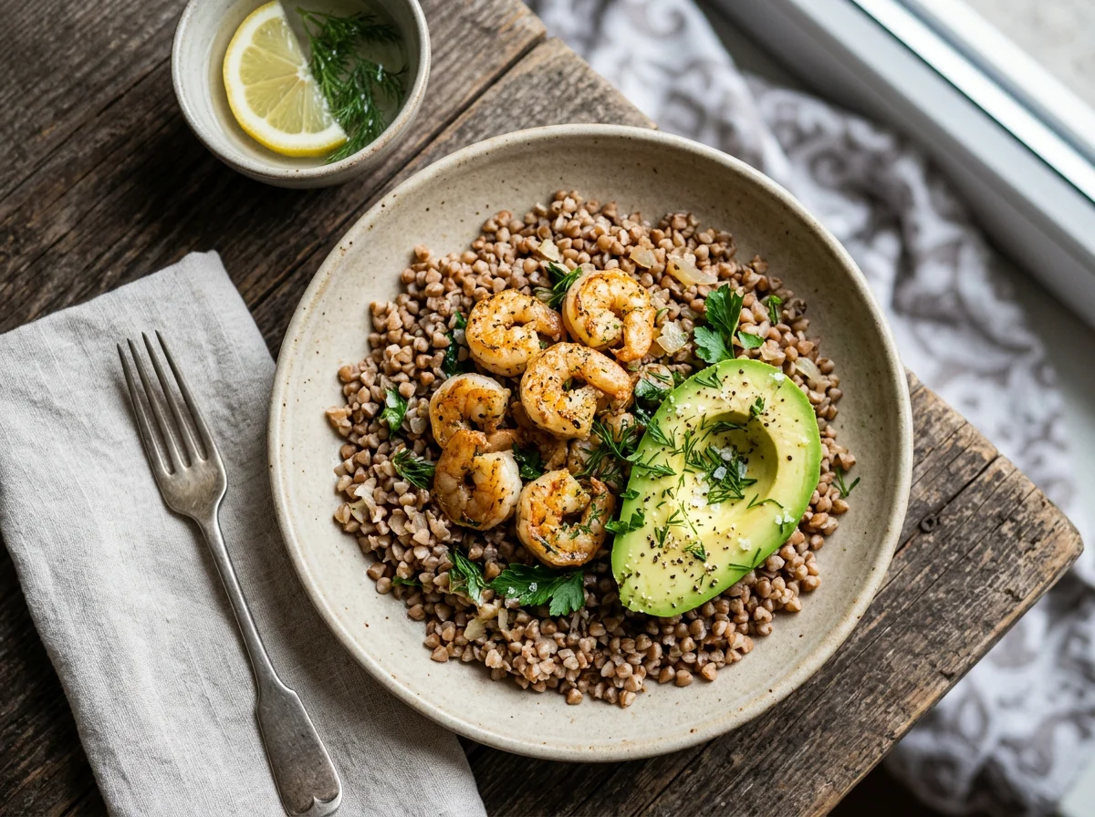 Гречка с креветками и авокадо photo