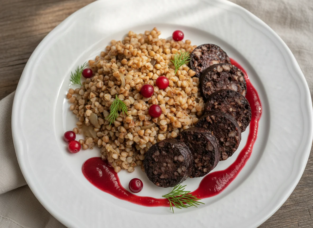 Гречка с кровяной колбасой и соусом photo