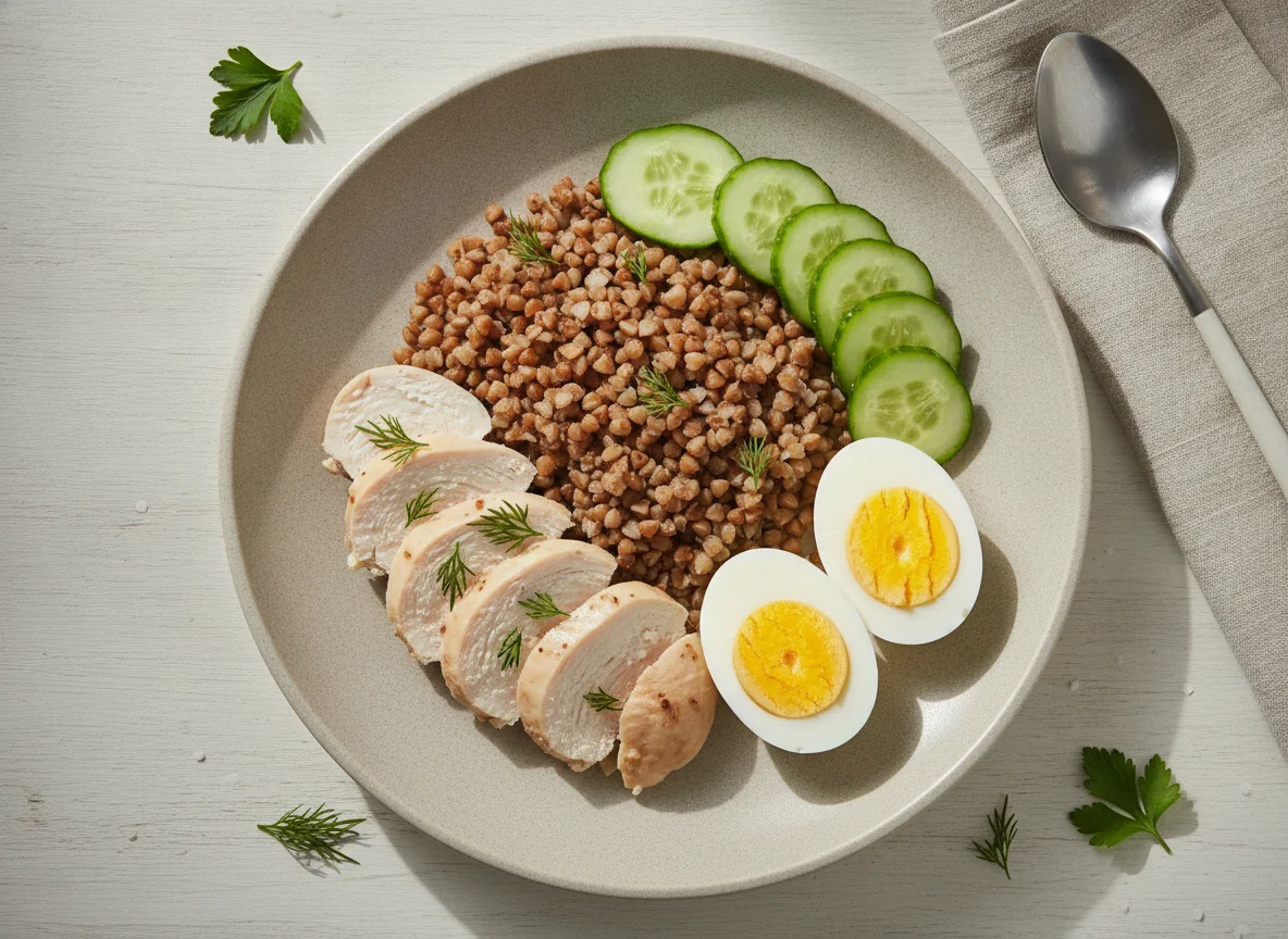 Гречка с курицей, яйцами и огурцом photo