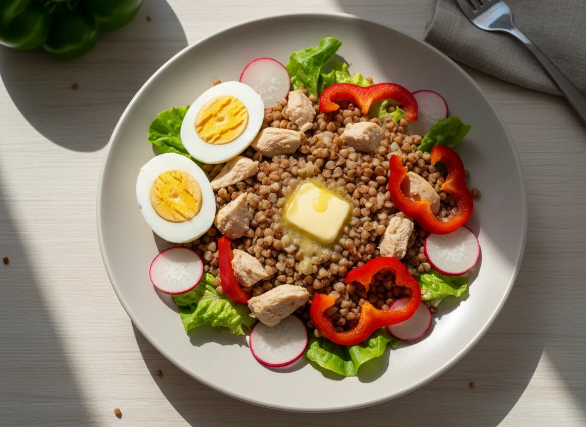 Гречка с курицей, яйцами и овощами photo