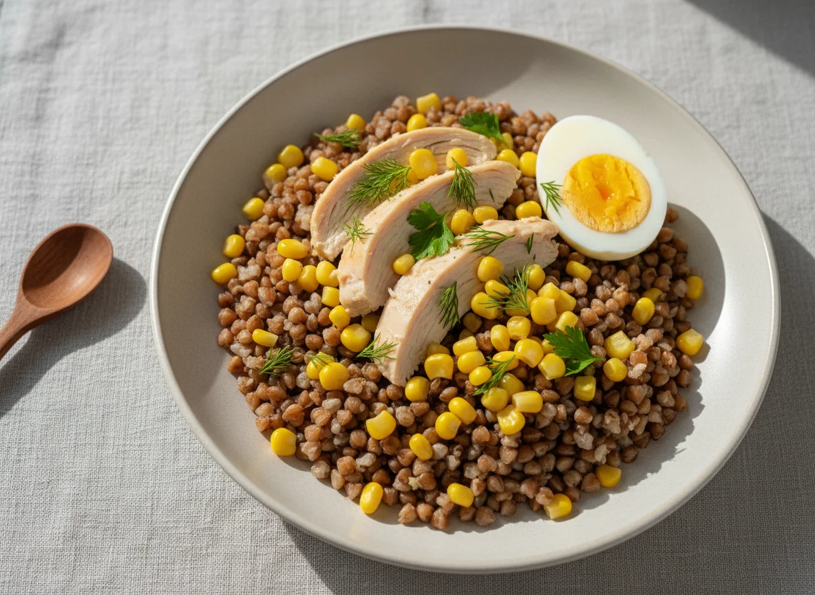 Гречка с курицей, яйцом и кукурузой photo