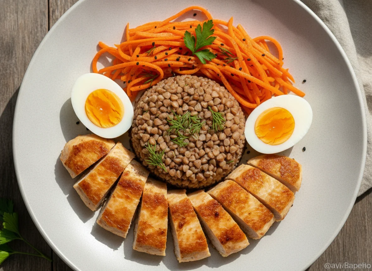 Гречка с курицей, яйцом и морковью photo