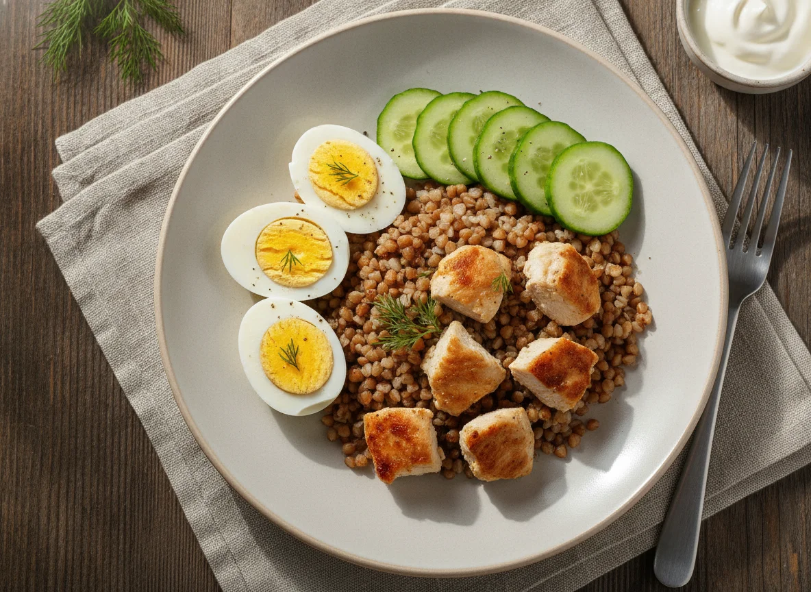 Гречка с курицей, яйцом и огурцом photo