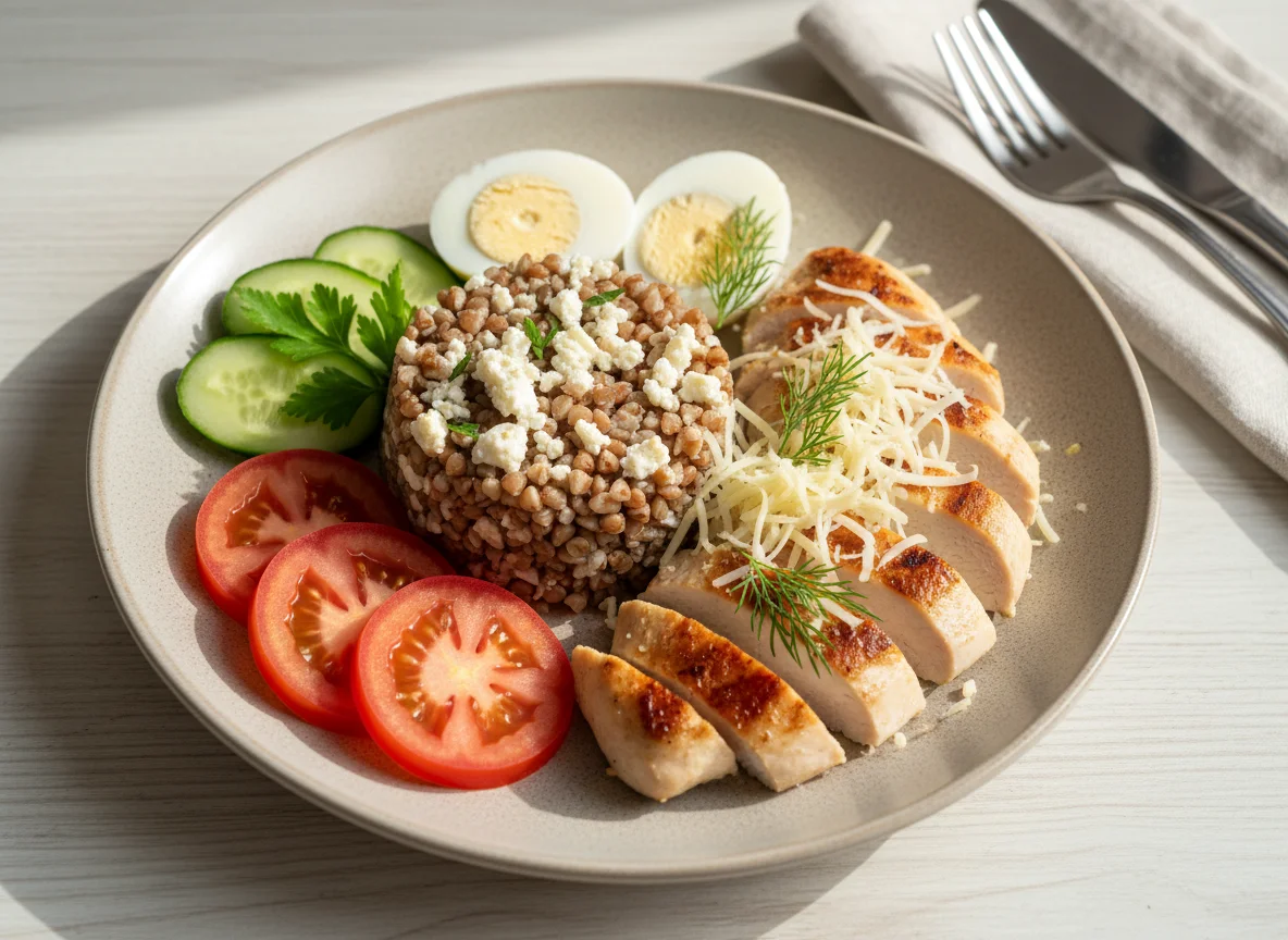 Гречка с курицей, яйцом и овощами photo