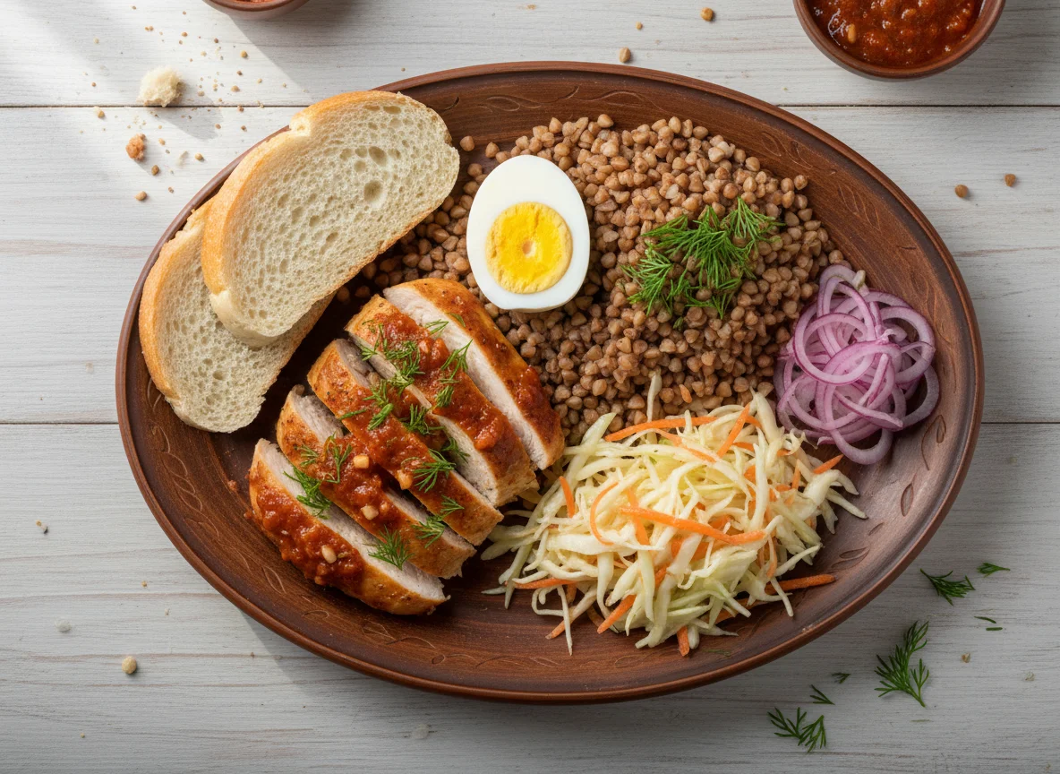 Гречка с курицей, яйцом и салатами photo