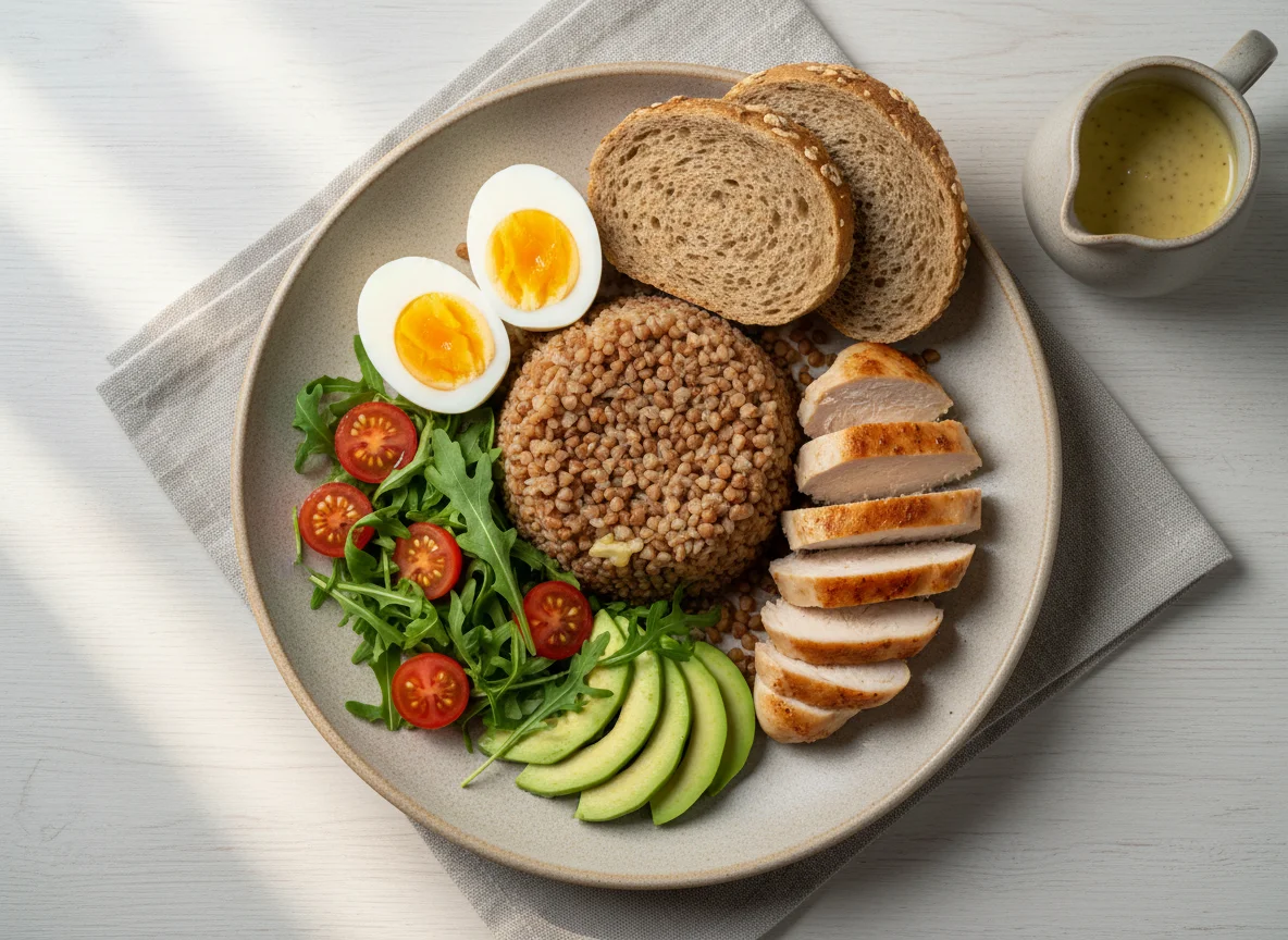 Гречка с курицей, яйцом и салатом photo