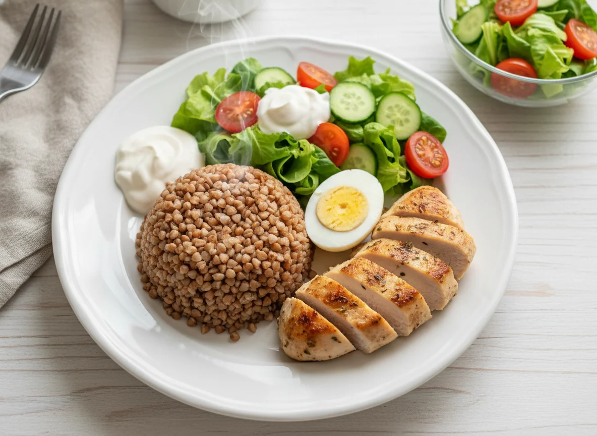 Гречка с курицей, яйцом, салатом и овощным салатом photo