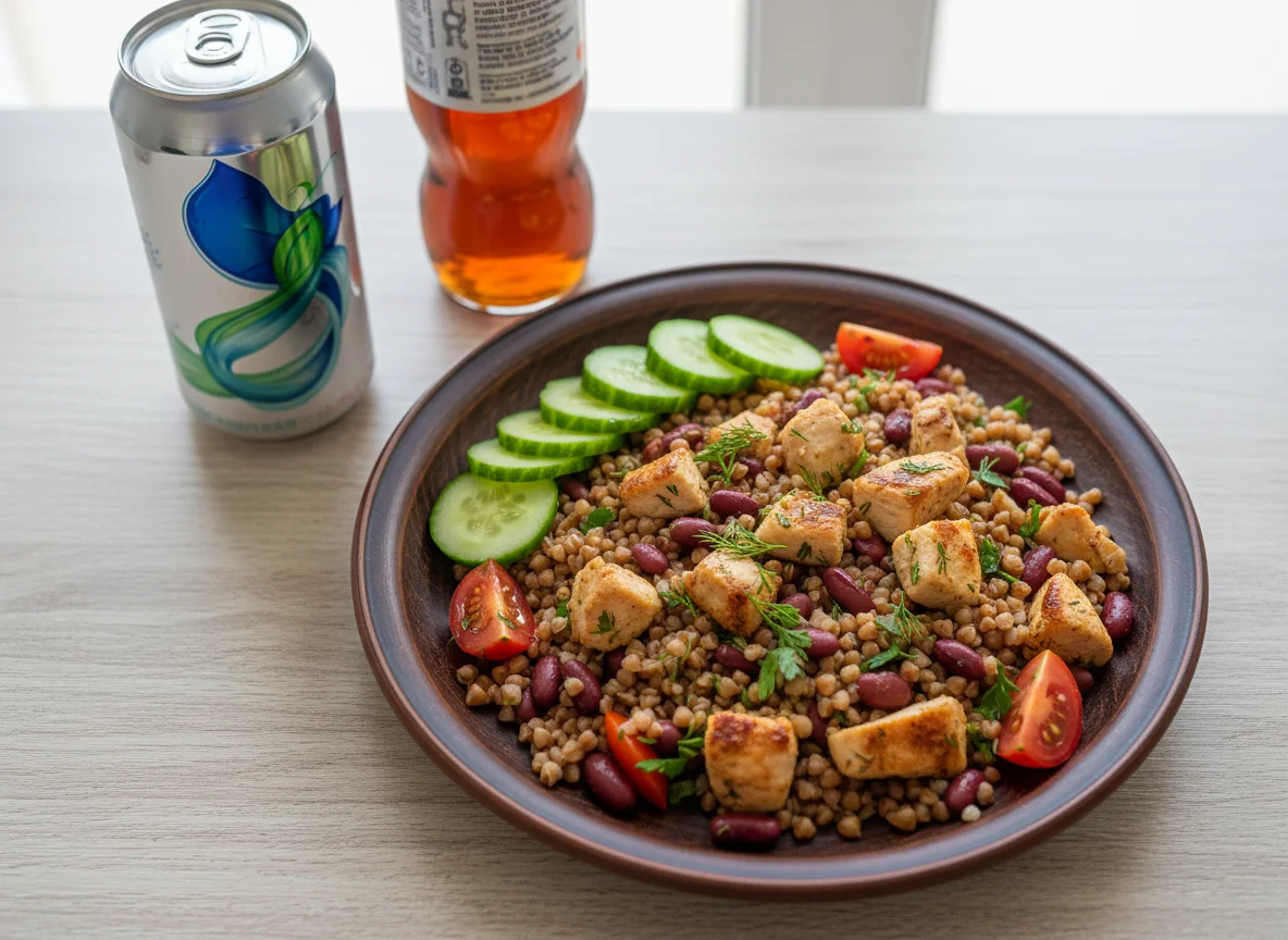 Гречка с курицей, фасолью и овощами photo