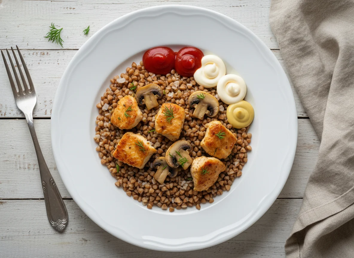 Гречка с курицей, грибами и соусами photo
