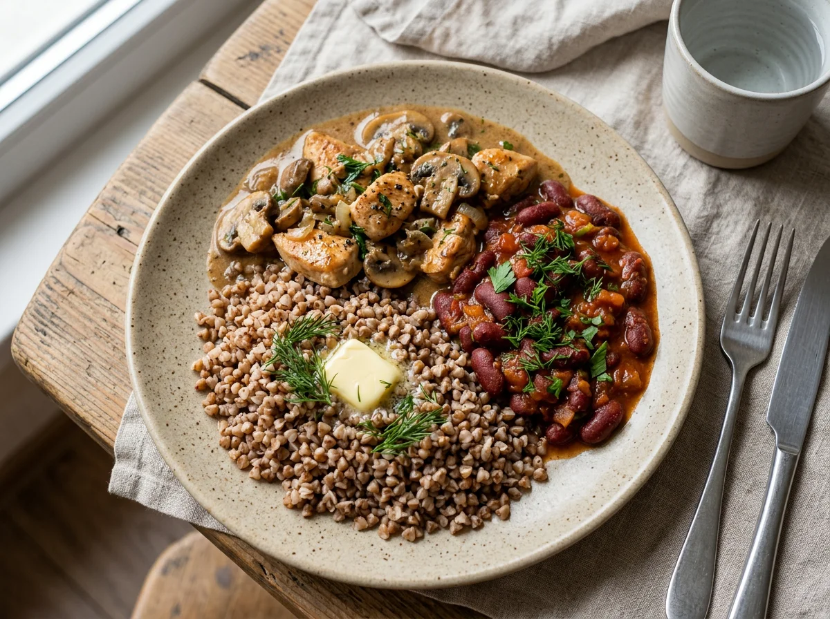 Гречка с курицей, грибами в соусе и фасолью photo