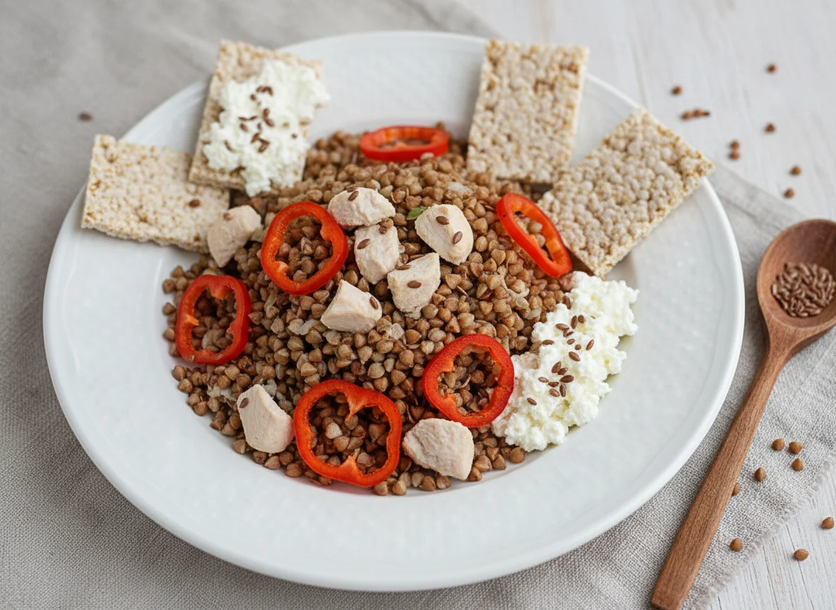 Гречка с курицей, хлебцем и овощами photo