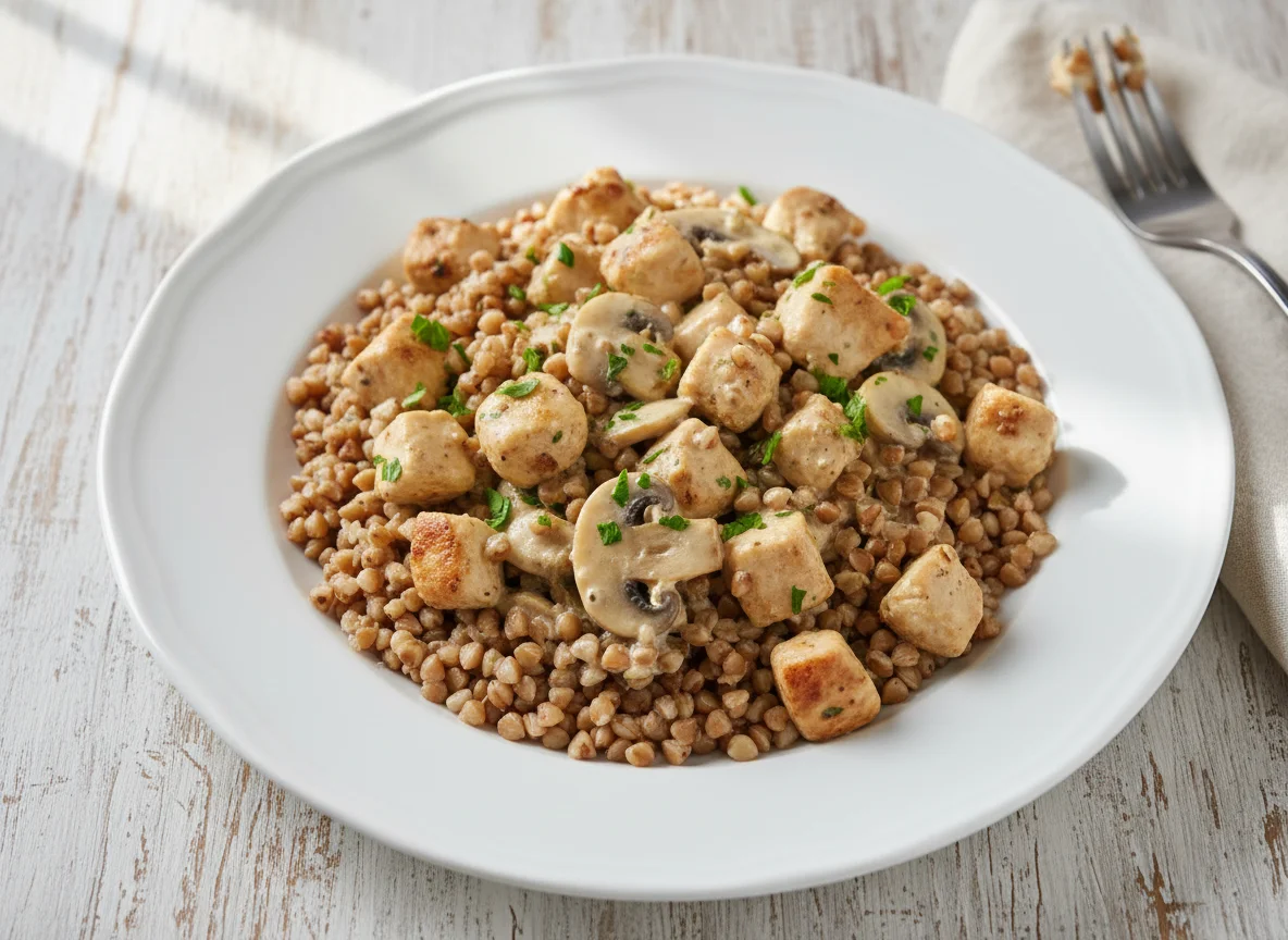 Гречка с курицей и грибами в сливочном соусе photo