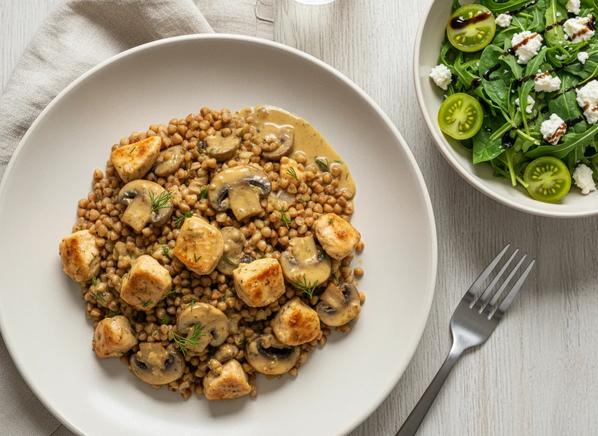 Гречка с курицей и грибами в сливочном соусе и салат с фетой photo