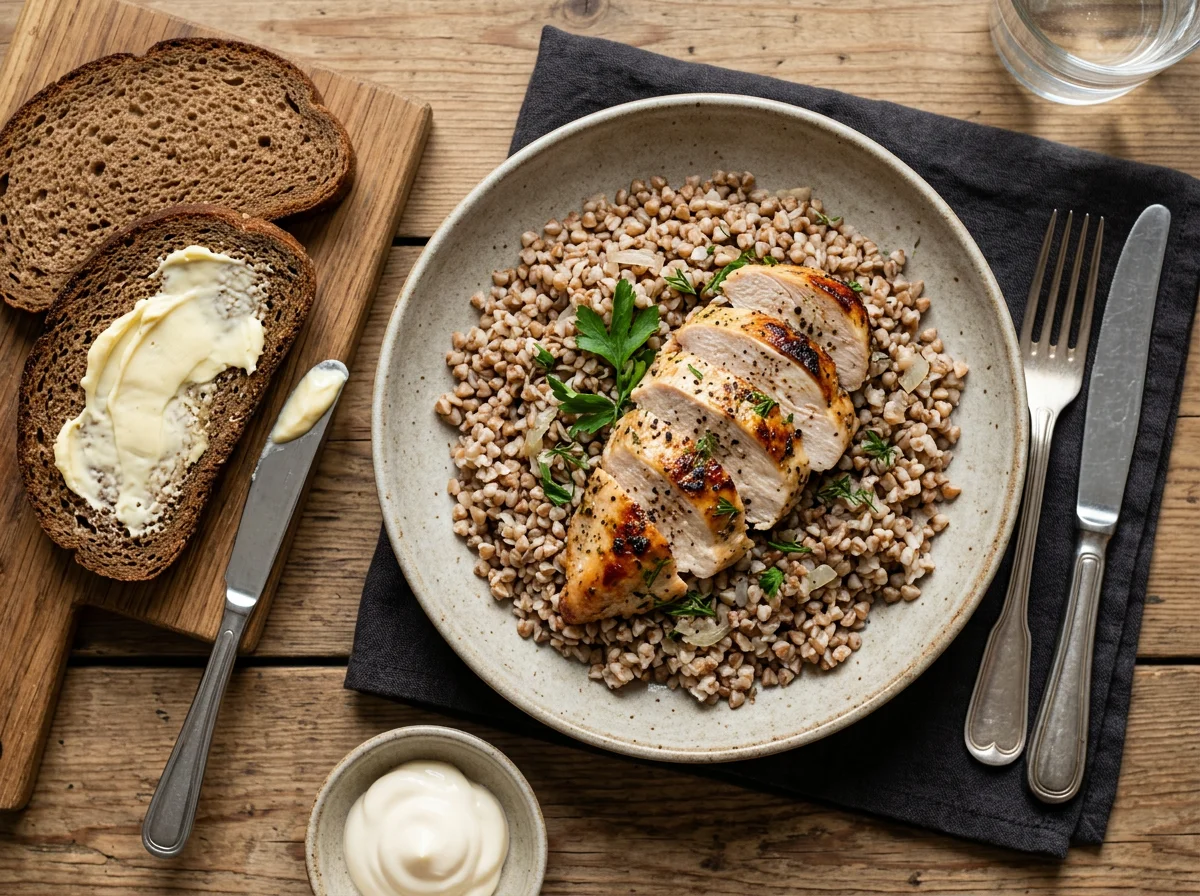 Гречка с курицей и хлебом с маслом photo