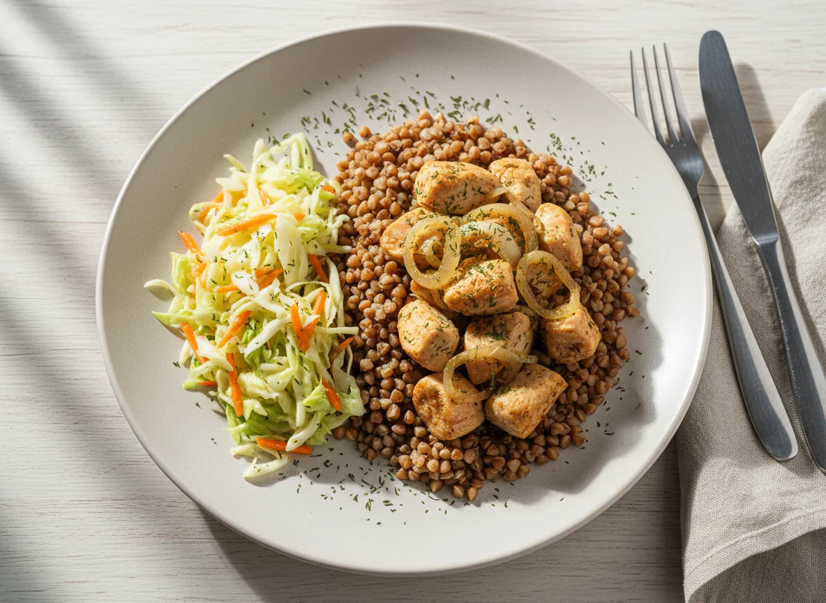 Гречка с курицей и капустным салатом photo