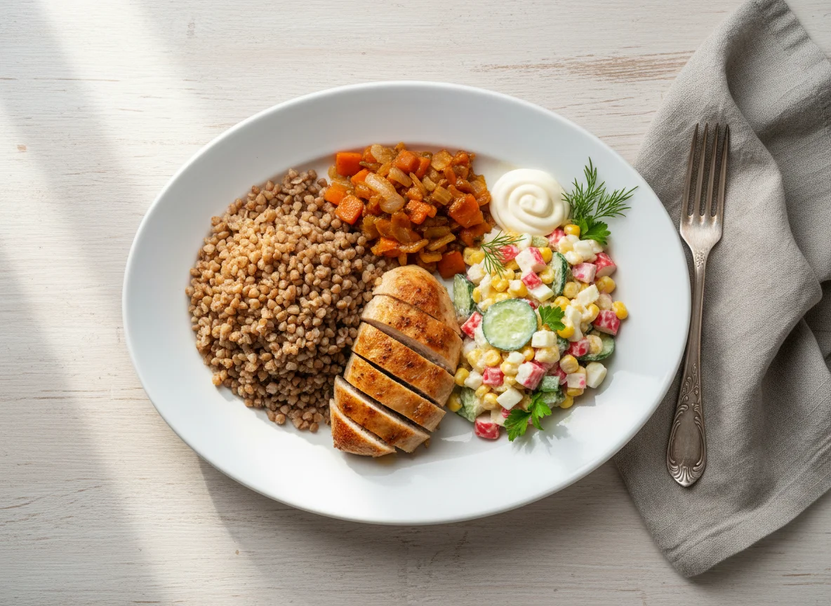 Гречка с курицей и крабовым салатом photo