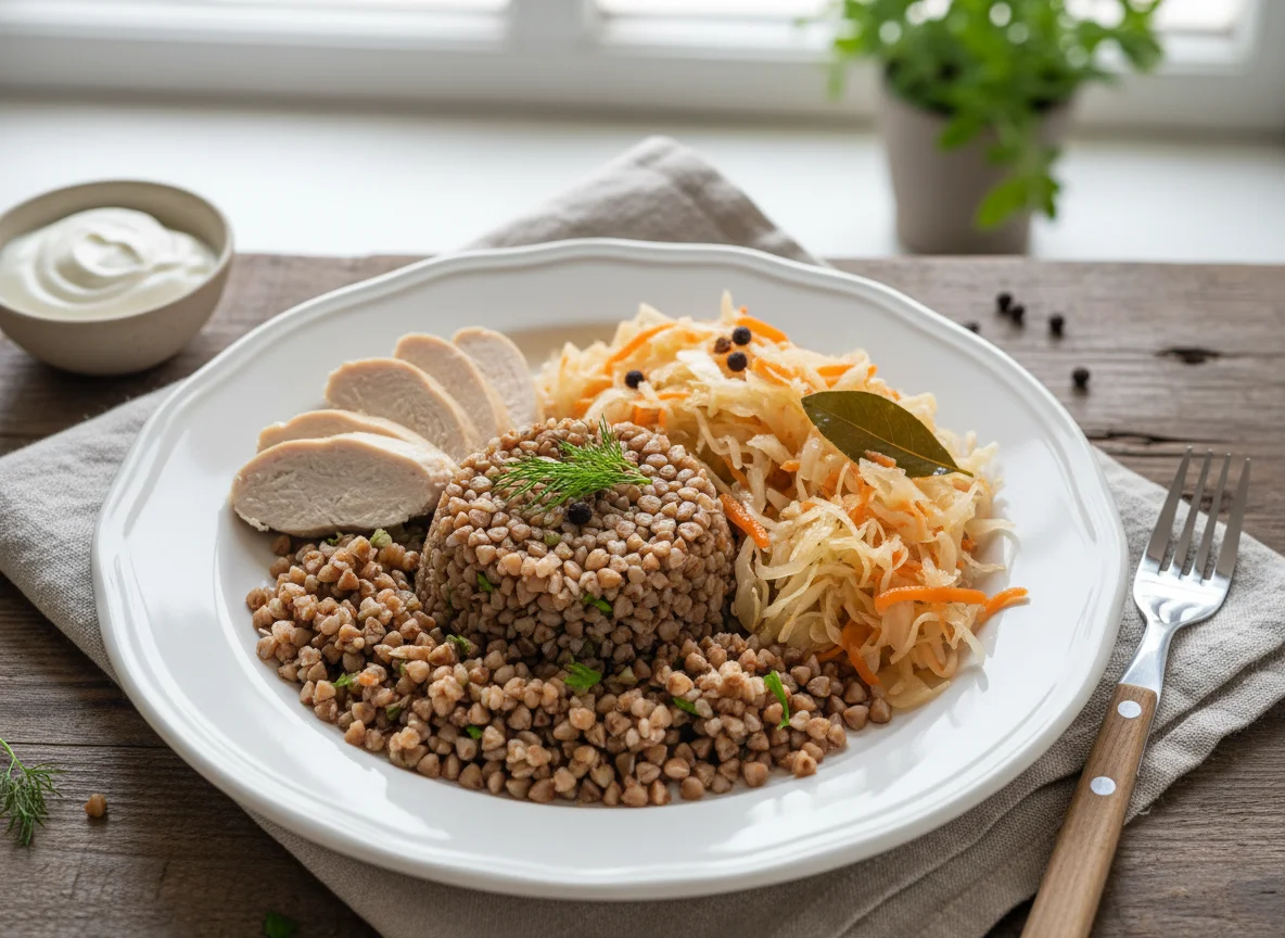 Гречка с курицей и квашеной капустой photo