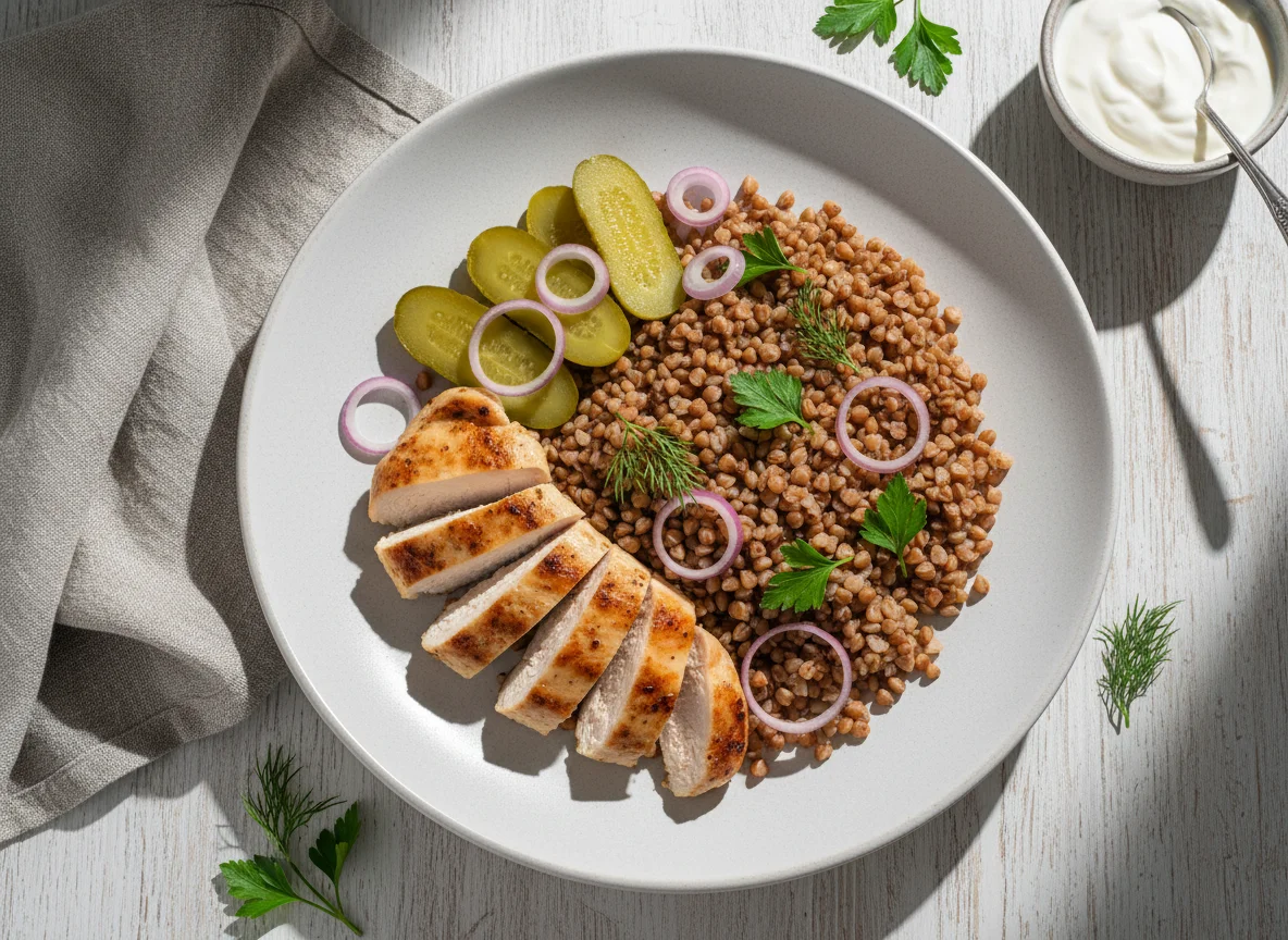 Гречка с курицей и огурцами photo