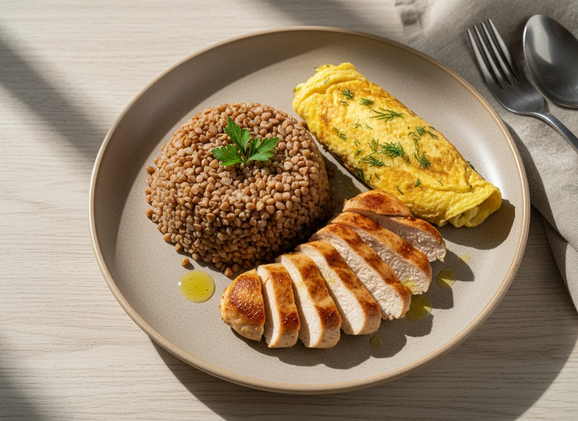 Гречка с курицей и омлетом photo