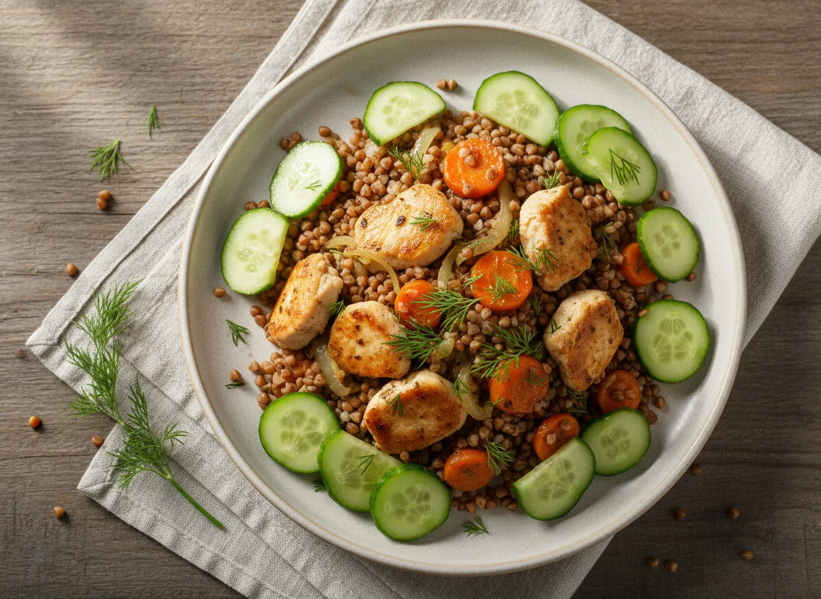 Гречка с курицей и овощами с огурцами photo