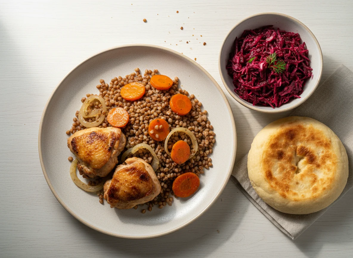 Гречка с курицей и овощами, салат из свеклы и хлеб photo