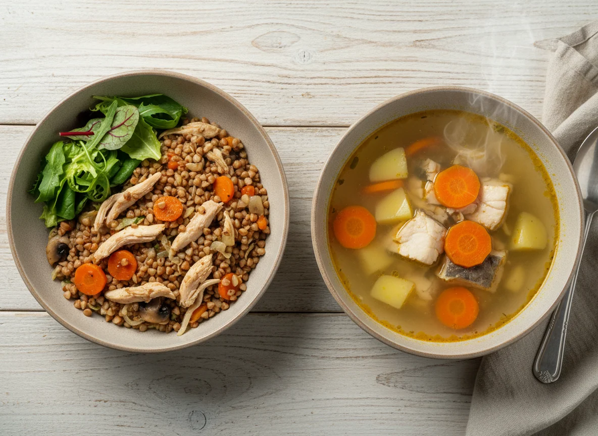 Гречка с курицей и овощами, суп с рыбой photo