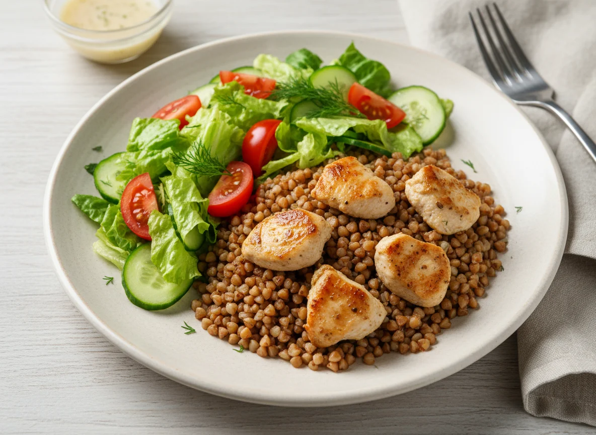 Гречка с курицей и овощным салатом photo