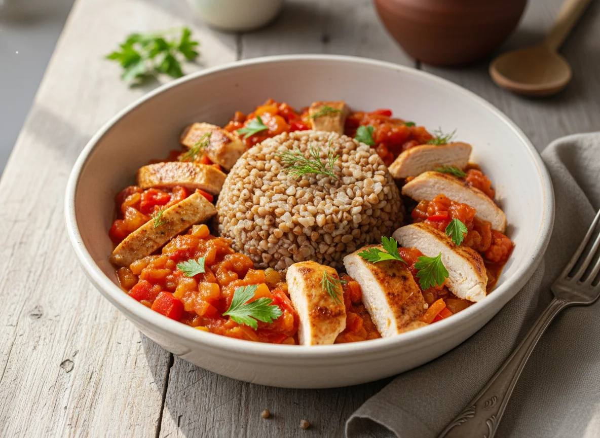 Гречка с курицей и овощным соусом photo