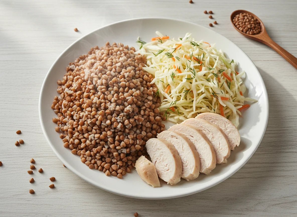 Гречка с курицей и салат из капусты photo