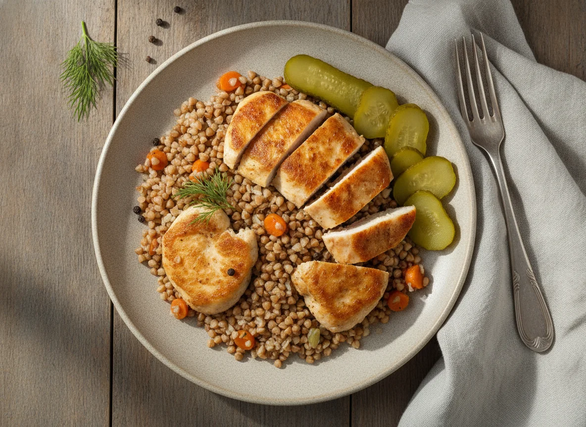 Гречка с курицей и солеными огурцами photo
